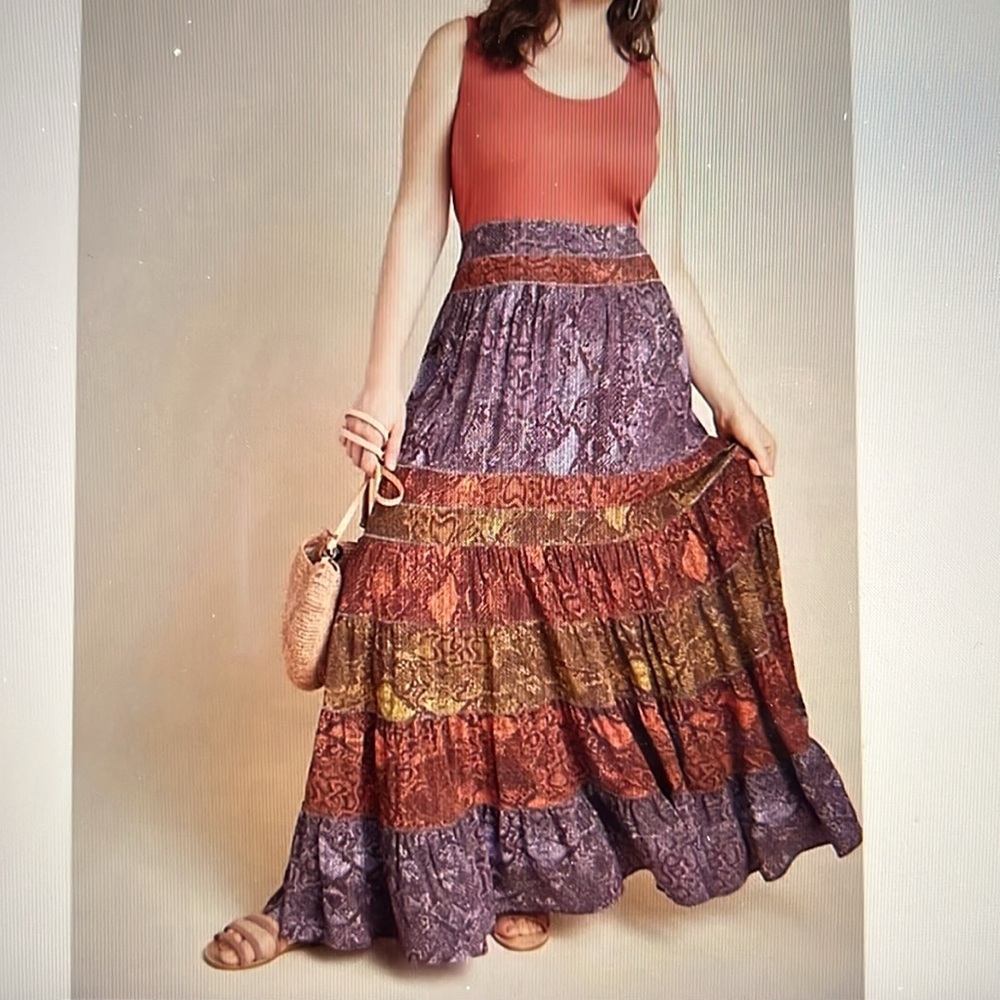 Anthropologie Colima Boho Maxi Dress -Orange, Purple and Green Snakeskin Size S